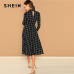 SHEIN Black Elegant Plaid Print High Neck Fit And Flare Long Sleeve High Waist Dress 2018 Autumn Casual Women Long Dresses