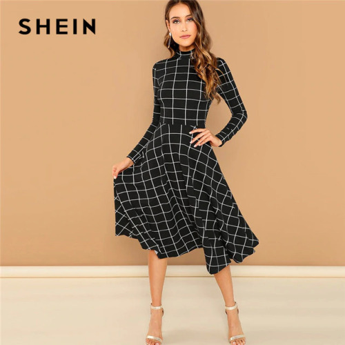 SHEIN Black Elegant Plaid Print High Neck Fit And Flare Long Sleeve High Waist Dress 2018 Autumn Casual Women Long Dresses