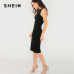 SHEIN Black Elegant Solid Pencil Dress Slim Sleeveless Knee Length Sexy Workwear Dresses Women Plain Sheath Summer Dress