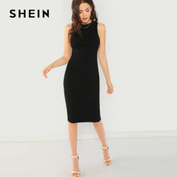 SHEIN Black Elegant Solid Pencil Dress Slim Sleeveless Knee Length Sexy Workwear Dresses Women Plain Sheath Summer Dress