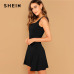 SHEIN Black Fit And Flare Solid Dress Elegant Straps Sleeveless Plain A Line Dresses Women Summer Autumn Zipper Short Dress