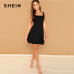 SHEIN Black Fit And Flare Solid Dress Elegant Straps Sleeveless Plain A Line Dresses Women Summer Autumn Zipper Short Dress