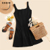 SHEIN Black Fit And Flare Solid Dress Elegant Straps Sleeveless Plain A Line Dresses Women Summer Autumn Zipper Short Dress