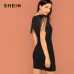 SHEIN Black Going Out Weekend Casual Tassel Detail Solid Dress V Neck 2018 Summer Sleeveless Slim Elegant Dress Women Dresses