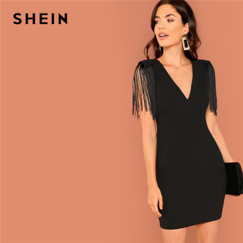 SHEIN Black Going Out Weekend Casual Tassel Detail Solid Dress V Neck 2018 Summer Sleeveless Slim Elegant Dress Women Dresses