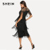 SHEIN Black Highstreet Party Going Out Elegant Sheer Yoke Layered Fringe Detail Dress 2018 Autumn Modern Lady Women Dresses