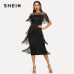 SHEIN Black Highstreet Party Going Out Elegant Sheer Yoke Layered Fringe Detail Dress 2018 Autumn Modern Lady Women Dresses