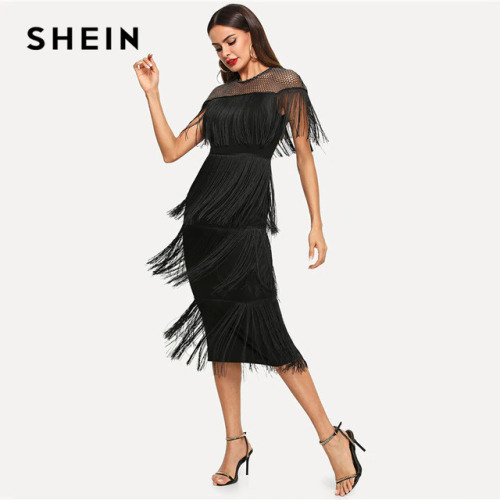 SHEIN Black Highstreet Party Going Out Elegant Sheer Yoke Layered Fringe Detail Dress 2018 Autumn Modern Lady Women Dresses