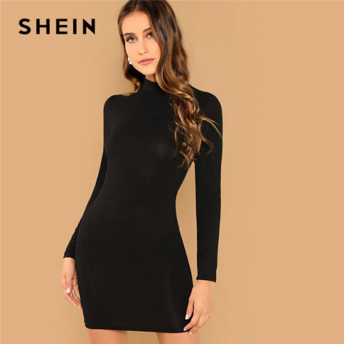 SHEIN Black Minimalist Office Lady Solid Bodycon Stand Collar Long Sleeve Skinny Dress 2018 Autumn Workwear Casual Women Dresses