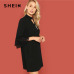 SHEIN Black Office Lady Solid Cut Out Front Eyelash Lace Trim Stand Neck 3/4 Sleeve Dress Autumn Elegant Workwear Women Dresses