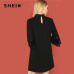 SHEIN Black Office Lady Solid Cut Out Front Eyelash Lace Trim Stand Neck 3/4 Sleeve Dress Autumn Elegant Workwear Women Dresses