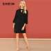 SHEIN Black Office Lady Solid Cut Out Front Eyelash Lace Trim Stand Neck 3/4 Sleeve Dress Autumn Elegant Workwear Women Dresses