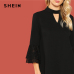 SHEIN Black Office Lady Solid Cut Out Front Eyelash Lace Trim Stand Neck 3/4 Sleeve Dress Autumn Elegant Workwear Women Dresses