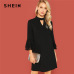 SHEIN Black Office Lady Solid Cut Out Front Eyelash Lace Trim Stand Neck 3/4 Sleeve Dress Autumn Elegant Workwear Women Dresses