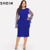 SHEIN Black Pearl Beading Mesh Ruffle Sleeve Plus Size Elegant Womens Bodycon Dresses 2018 Blue Stretchy Solid Slim Pencil Dress