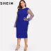 SHEIN Black Pearl Beading Mesh Ruffle Sleeve Plus Size Elegant Womens Bodycon Dresses 2018 Blue Stretchy Solid Slim Pencil Dress