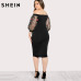 SHEIN Black Plus Size Party Summer Dress Off the Shoulder Bardot Pencil Dress Embroidered Mesh Sleeve Large Sizes Sexy Dress