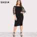 SHEIN Black Plus Size Party Summer Dress Off the Shoulder Bardot Pencil Dress Embroidered Mesh Sleeve Large Sizes Sexy Dress