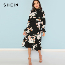 SHEIN Black Print Mock Neck Pleated Panel Floral Dress Elegant Ruffle Streetwear Trip High Waist Women Autumn Dresses