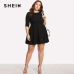 SHEIN Black Round Neck Spring Dress Plus Size Women Pearl Beading Fit Flare Large Sizes Casual Long Sleeve Elegant Dress