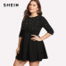 SHEIN Black Round Neck Spring Dress Plus Size Women Pearl Beading Fit Flare Large Sizes Casual Long Sleeve Elegant Dress