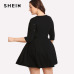 SHEIN Black Round Neck Spring Dress Plus Size Women Pearl Beading Fit Flare Large Sizes Casual Long Sleeve Elegant Dress