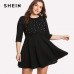 SHEIN Black Round Neck Spring Dress Plus Size Women Pearl Beading Fit Flare Large Sizes Casual Long Sleeve Elegant Dress