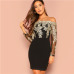 SHEIN Black Sexy Off the Shoulder Embroidered Mesh Bodice Bardot Bodycon Dress Women Long Sleeve Summer Going Out Party Dresses