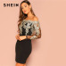 SHEIN Black Sexy Off the Shoulder Embroidered Mesh Bodice Bardot Bodycon Dress Women Long Sleeve Summer Going Out Party Dresses