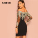 SHEIN Black Sexy Off the Shoulder Embroidered Mesh Bodice Bardot Bodycon Dress Women Long Sleeve Summer Going Out Party Dresses