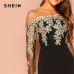 SHEIN Black Sexy Off the Shoulder Embroidered Mesh Bodice Bardot Bodycon Dress Women Long Sleeve Summer Going Out Party Dresses