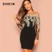 SHEIN Black Sexy Off the Shoulder Embroidered Mesh Bodice Bardot Bodycon Dress Women Long Sleeve Summer Going Out Party Dresses