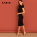 SHEIN Black Stand Collar Solid Natural Waist Stretchy Bodycon Dress Women Summer Elegant Short Sleeve Slim Fitted Pencil Dresses