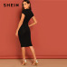 SHEIN Black Stand Collar Solid Natural Waist Stretchy Bodycon Dress Women Summer Elegant Short Sleeve Slim Fitted Pencil Dresses