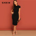 SHEIN Black Stand Collar Solid Natural Waist Stretchy Bodycon Dress Women Summer Elegant Short Sleeve Slim Fitted Pencil Dresses