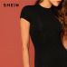 SHEIN Black Stand Collar Solid Natural Waist Stretchy Bodycon Dress Women Summer Elegant Short Sleeve Slim Fitted Pencil Dresses