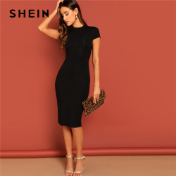 SHEIN Black Stand Collar Solid Natural Waist Stretchy Bodycon Dress Women Summer Elegant Short Sleeve Slim Fitted Pencil Dresses