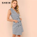 SHEIN Black and White Elegant Notch Collar Double Breasted Surplice Wrap Dress 2018 Summer Slim Modern Lady Women Dresses