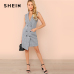 SHEIN Black and White Elegant Notch Collar Double Breasted Surplice Wrap Dress 2018 Summer Slim Modern Lady Women Dresses