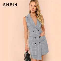 SHEIN Black and White Elegant Notch Collar Double Breasted Surplice Wrap Dress 2018 Summer Slim Modern Lady Women Dresses