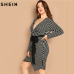 SHEIN Black and White Plus Size Deep V Neck Striped Dress Asymmetrical Hem Women Workwear Going Out Elegant Dresses