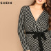 SHEIN Black and White Plus Size Deep V Neck Striped Dress Asymmetrical Hem Women Workwear Going Out Elegant Dresses