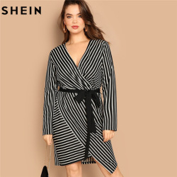 SHEIN Black and White Plus Size Deep V Neck Striped Dress Asymmetrical Hem Women Workwear Going Out Elegant Dresses