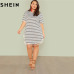 SHEIN Black and White Stripe Plus Size Straight Casual Mini Dress Women Summer Tassel Embellished Curved Hem Short Dresses