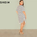 SHEIN Black and White Stripe Plus Size Straight Casual Mini Dress Women Summer Tassel Embellished Curved Hem Short Dresses