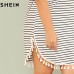 SHEIN Black and White Stripe Plus Size Straight Casual Mini Dress Women Summer Tassel Embellished Curved Hem Short Dresses