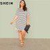 SHEIN Black and White Stripe Plus Size Straight Casual Mini Dress Women Summer Tassel Embellished Curved Hem Short Dresses