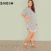 SHEIN Black and White Stripe Plus Size Straight Casual Mini Dress Women Summer Tassel Embellished Curved Hem Short Dresses