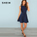 SHEIN Blue Contrast Fit and Flare Sleeveless Glitter High Waist Short Dress Women 2018 Summer Flounce Sleeve Elegant Dress