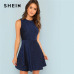 SHEIN Blue Contrast Fit and Flare Sleeveless Glitter High Waist Short Dress Women 2018 Summer Flounce Sleeve Elegant Dress